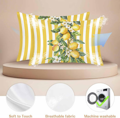 Yellow Lemon Stripes Pillow Cases Standard Size Set of 2, Summer Spring Fruit Flowers Leaves Satin Pillowcase with Zipper for Hair/Skin, Decorative Pillow Covers for Bed/Couch/Sofa, 20x26 Inches