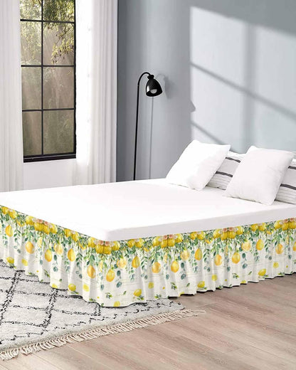 Watercolor Lemon Bed Skirt Queen Size 16 Inch Drop, Adjustable Elastic Wrap Around Bed Skirts Easy Fitting Dust Ruffle Bedskirt Bed Frame Cover Eucalyptus Leaf Fruit Yellow Flower