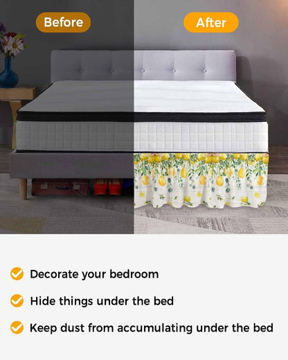 Watercolor Lemon Bed Skirt Queen Size 16 Inch Drop, Adjustable Elastic Wrap Around Bed Skirts Easy Fitting Dust Ruffle Bedskirt Bed Frame Cover Eucalyptus Leaf Fruit Yellow Flower