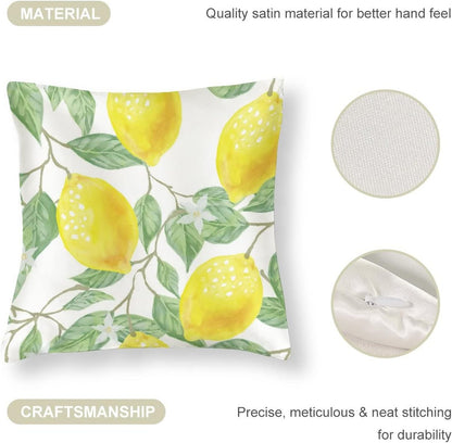 Couch Pillows 16"x16" Lemon Bliss Satin Modern Cushion Case Yellow Lemon Throw Pillow Covers Zippered Pillow Case Farmhouse Rustic Cushion Case for Sofa Couch Soft Cooling Printed Pillow Cases