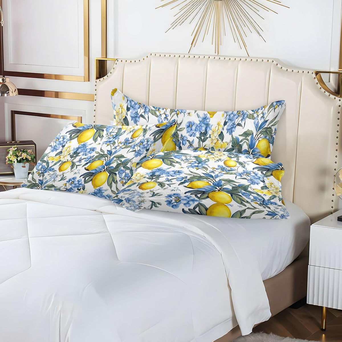 Pillowcases Standard Size, Yellow Lemons with Blue Flowers Pillowcase Protectors Soft Pillow Case with Zipper for Couch Bed Sofa Car 20"x26"
