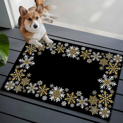 Retro Yellow Snowflake Washable Small Entryway Area Rugs 2'x3', Winter Christmas Black Background Low Pile Throw Rug Non-Slip Sturdy Edge Binding Carpet for Front Door Floor Room Entry