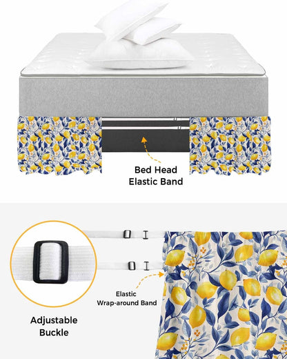 Yellow Lemon Bed Skirt Queen Size 16 Inch Drop, Adjustable Elastic Wrap Around Bed Skirts Easy Fitting Dust Ruffle Bedskirt Bed Frame Cover Blue Leaf Vintage Botanical Summer Spring