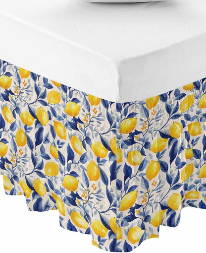 Yellow Lemon Bed Skirt Queen Size 16 Inch Drop, Adjustable Elastic Wrap Around Bed Skirts Easy Fitting Dust Ruffle Bedskirt Bed Frame Cover Blue Leaf Vintage Botanical Summer Spring