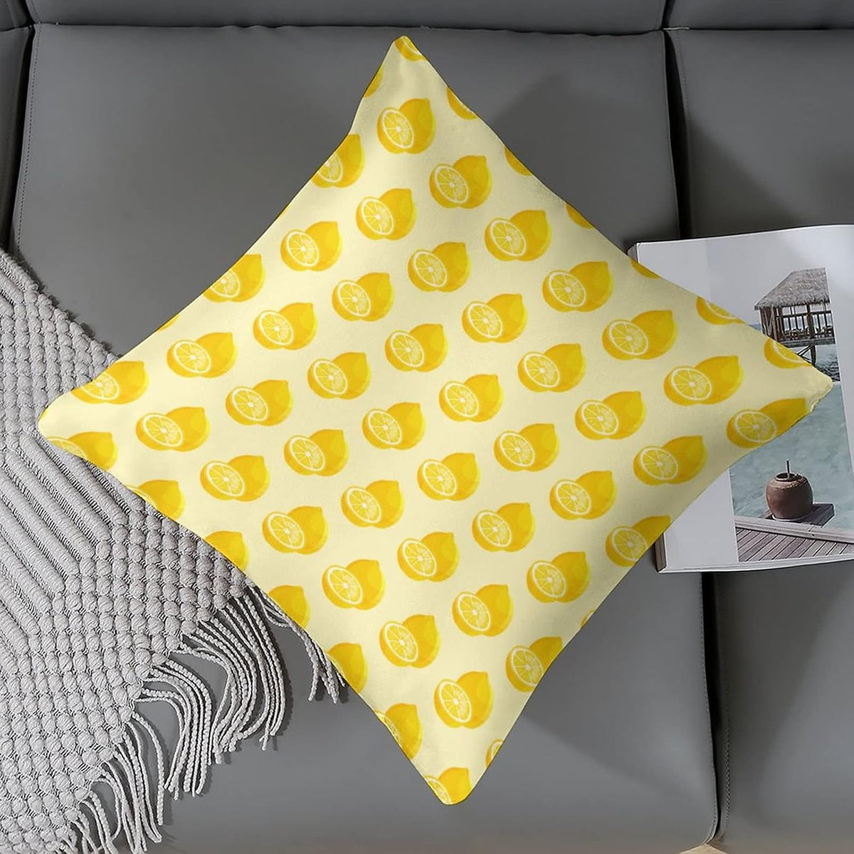 Yellow Sweet Lemon Satin Square Throw Pillow Covers Summer Lemon Throw Pillow Cover Square Hidden Zipper 16"x16" Outdoor Pillow Covers Home Decor Throw Pillows Cover Cooling Pillow case