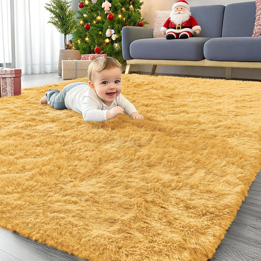 Area Rugs for Living Room Bedroom, Machine Washable 4x5.9 ft Soft Fluffy Shaggy Bedside Rug, Indoor Floor Carpet for Kids Girls and Boys, Dorms, Nursery Rooms, Home Decor, Mustard Yellow