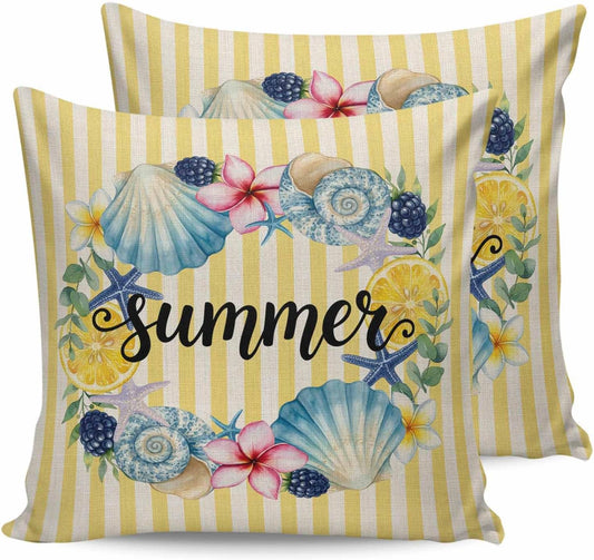 Summer 2PCS Throw Pillow Covers for Couch Sofa Bed, Lemons Starfish Flower Stripes Yellow Vintage Pillow Covers 18x18 inch, Standard Pillowcases Set Decorative Cushion Covers for Living Room Bedroom
