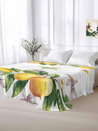 Twin Flat Sheet Only,Vintage Farm Lemon Flowers Top Sheet Breathable Soft Brushed Polyester Microfiber Bed Sheets,Yellow Fruit Butterfly Floral Hotel Luxury Bedding Sheets for Women,Men,Teens