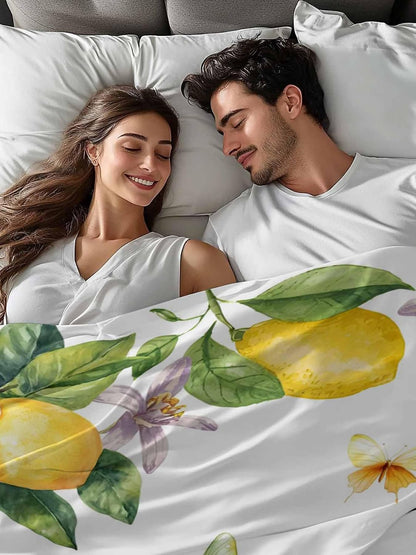 Twin Flat Sheet Only,Vintage Farm Lemon Flowers Top Sheet Breathable Soft Brushed Polyester Microfiber Bed Sheets,Yellow Fruit Butterfly Floral Hotel Luxury Bedding Sheets for Women,Men,Teens