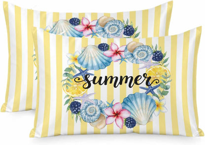Summer Standard Pillowcase Set of 2, Lemons Starfish Flower Stripes Yellow Satin Pillow Case Cover with Smooth Hidden Zipper Closure, Soft Throw Pillow Covers Cases for Home Decoration 20 X 26 Inches