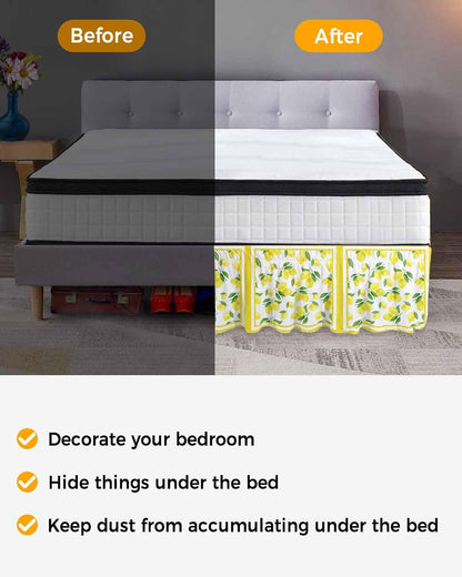 Yellow Lemon Bed Skirt Queen Size 16 Inch Drop, Adjustable Elastic Wrap Around Bed Skirts Easy Fitting Dust Ruffle Bedskirt Bed Frame Cover Summer Watercolor Fruits Leaf