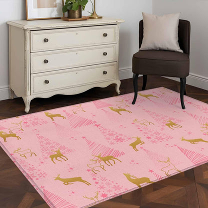 Hallway Runner Rugs 2.7x5 Ft, Christmas Pink Non Slip Area Rugs for Kitchen Bedroom Entryway, Yellow Reindeer Xmas Pine Trees Winter Washable Carpet Runner Rug Floor Mats for Bedroom Home Decor