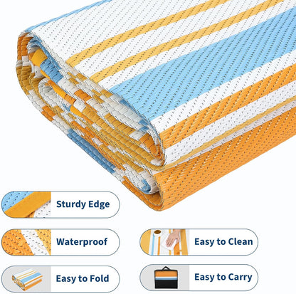 8x10 Large Outdoor Rug Waterproof for Patio Plastic Straw Rug Geometric Stripe Indoor Outdoor Area Rug Modern Lines Camping Rugs for RV Porch Deck Backyard Balcony, Orange Yellow Blue White