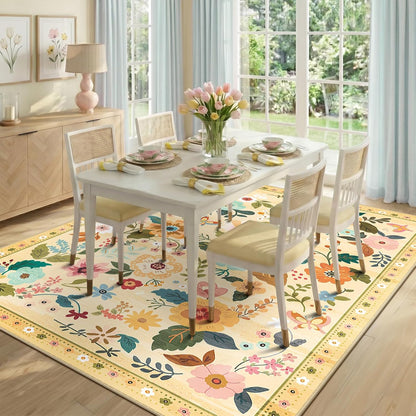Floral 6x9 Area Rugs Washable Print Boho Cute Carpet Non Slip Flower Low Pile for Living Room Bedroom Kitchen Office Farmhouse-Ivory/Yellow