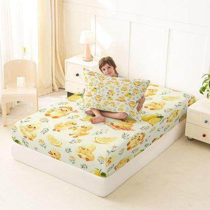 Kawaii Yellow Duck Bedding Set Twin Cute Cartoon Rubber Duck Fitted Sheet Rustic Daisy Floral Bed Sheets for Kids Boys Girls,Summer Fruit Lemon Bed Cover 2 Pcs