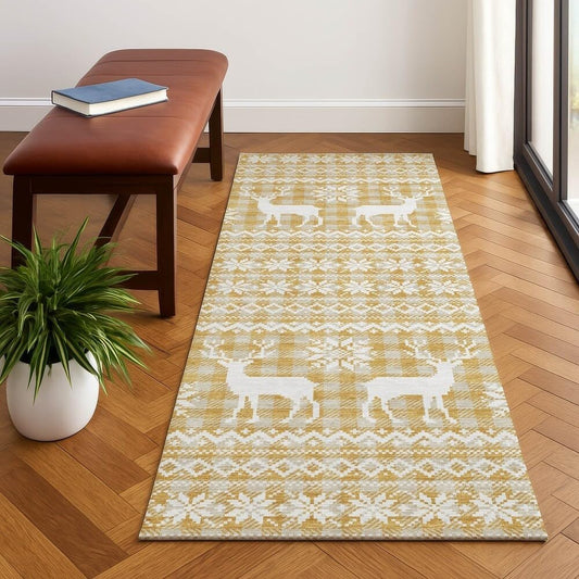 Holiday Festive Theme Soft Plush Thick Pile Christmas Area Rug Runner 2'3" x 7'6" | Winter Cheer Xmas Playful Deer Snowflakes Plaid Patterns Gold Yellow White Color | Washable Nonslip Indoor Outdoor