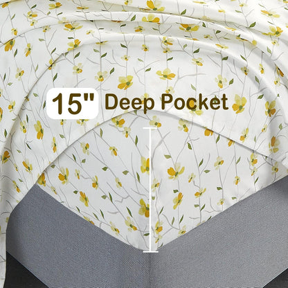 Yellow Floral Bed Sheets Full Flower Printed Sheets - Patterned Microfiber Fitted Sheets Full with 15" Deep Pocket & Non-Slip Straps, Cute Flower Sheets & Pillowcase Set
