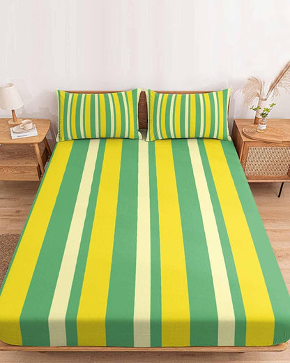 Twin Sze Fitted Sheet Set - Lemon Green Yellow 2 Piece Bedding Sets 16" Deep Pocket Fitted Sheet with 1 Pillowcase, Summer Modern Farmhouse Striped Brushed Microfiber Hotel Luxury Bed Sheets