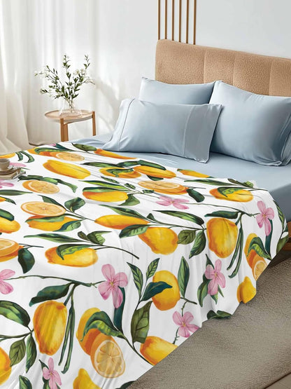 Twin Flat Sheet Only,Summer Lemon Floral Seamless Top Sheet Breathable Soft Brushed Polyester Microfiber Bed Sheets,Yellow on White Hotel Luxury Bedding Sheets for Women,Men,Teens