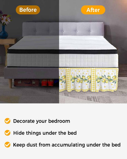 Yellow Lemon Bed Skirt Queen Size 16 Inch Drop, Adjustable Elastic Wrap Around Bed Skirts Easy Fitting Dust Ruffle Bedskirt Bed Frame Cover Summer Botanical Plaid Elegant Pastoral