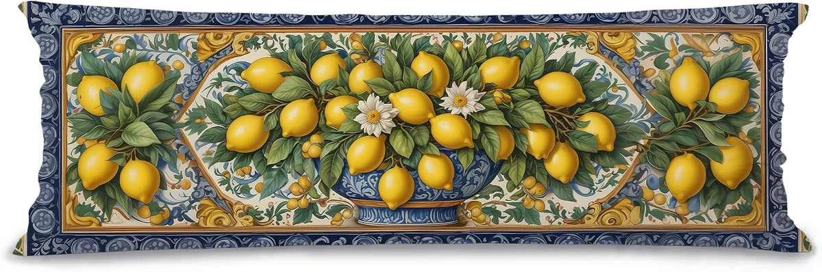 Yellow and Blue Italian Lemon 20x54 Body Pillow Cover, Summer Mediterranean Tiles Amalfi Coast Lemon Body Pillow Pillowcase with Zipper for Bed Couch