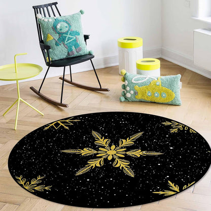 Christmas Round Area Rugs for Living Room/Bedroom/Entryway, Yellow Winter Snowflake Christmas Black Round Rugs 5Ft - Non Skid Rug Soft Circle Rug Runner Kids Room Floor Mats Throw Carpet