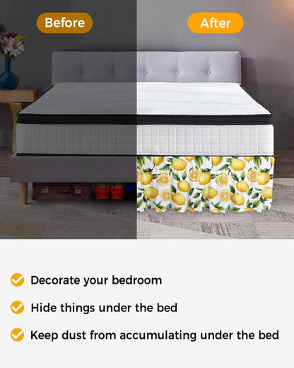 Watercolor Lemon Bed Skirt Queen Size 16 Inch Drop, Adjustable Elastic Wrap Around Bed Skirts Easy Fitting Dust Ruffle Bedskirt Bed Frame Cover Yellow Green Fruit Leaf Painting