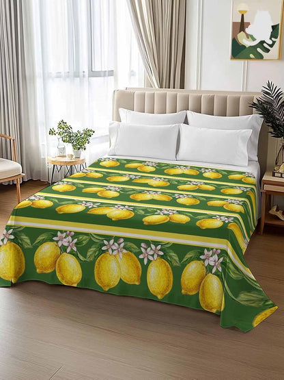 Queen Size Top Sheet Only, Summer Lemons Green Leaves Flat Sheet Microfiber Breathable Soft Bed Sheets, Yellow Striped Hotel Bedding Flat Sheets for Bedroom