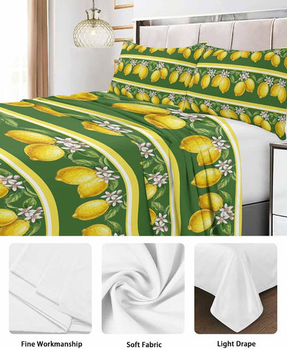 Queen Size Top Sheet Only, Summer Lemons Green Leaves Flat Sheet Microfiber Breathable Soft Bed Sheets, Yellow Striped Hotel Bedding Flat Sheets for Bedroom
