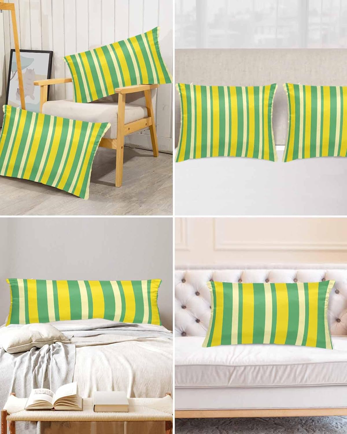 Lemon Green Yellow Pillow Cases Standard Size Set of 2, Satin Pillowcase for Hair and Skin, Summer Modern Farmhouse Striped Throw Pillow Covers Cooling Pillow Protector with Zipper 20"x26"x2