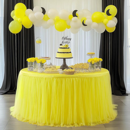 72in Yellow Tulle Table Skirts for Rectabgle Tables 6/4ft, 2-Layer Gold Grim Ruffle Tulle Tutu Cloth Table Skirt 6ft Decor Bee Themed Birthday Party Wedding Baby Shower Cake Dessert(No Table Cover)