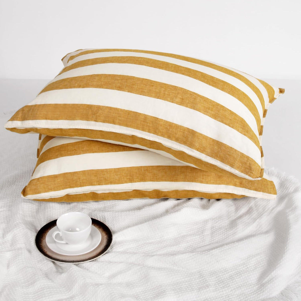 Striped Linen Pillow Cases Set of 2,20"x30" Standard/Queen Size,100% French Natural Flax Soft Linen Pillowcases,Yellow Stripe