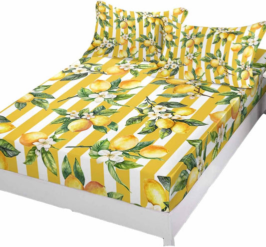 Farm Lemon Fruit Yellow Stripe Twin Bed Fitted Sheets Watercolor Flower Green Leaves Bed Set with 16" Deep Pocket for Single Bed,Soft Microfiber Bottom Sheet with Decorative Pillowcases