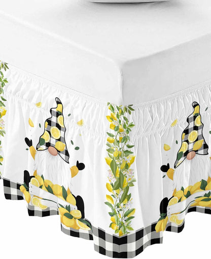Lemon Gnomes Bed Skirt Queen Size 16 Inch Drop, Adjustable Elastic Wrap Around Bed Skirts Easy Fitting Dust Ruffle Bedskirt Bed Frame Cover Summer Botanical Yellow Fruit Black Lattice