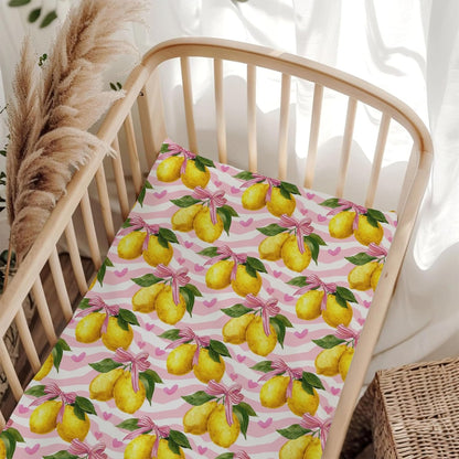 Cute Lemons Bows Stripes Pink Baby Crib Sheets for Boy Girl 52x28Inch Yellow Lemon Heart Baby Sheet for Standard Crib and Toddler Bed Mattress Nursery Summer Fruit Bed Mattress Sheets