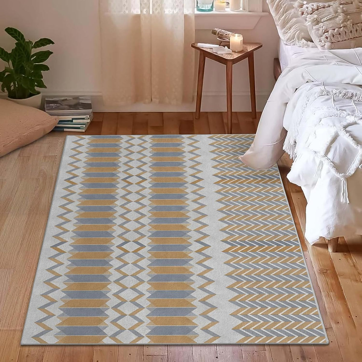 4x6ft Geometric Abstract Design Non-Slip Area Rug – Soft Low Pile Modern Simplicity,Machine Washable Living Room Rug for Bedroom, Hallway – Easy Clean Decorative Home Carpet Yellow Q1794