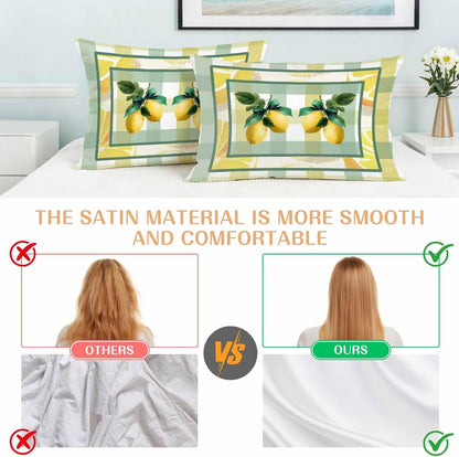Lemon Pillow Cases Standard Size Set of 2, Botanical Fruit Leaves Bow Yellow Green Striped Satin Pillowcase with Zipper for Hair/Skin, Decorative Pillow Covers for Bed/Couch/Sofa, 20x26 Inches