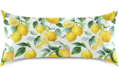Watercolor Lemon Leaf Satin Pillowcase with Envelope Closure Yellow Standard Size Pillow Case, Silky Pillow Cover for Home Bedroom Sofa 20x26 in