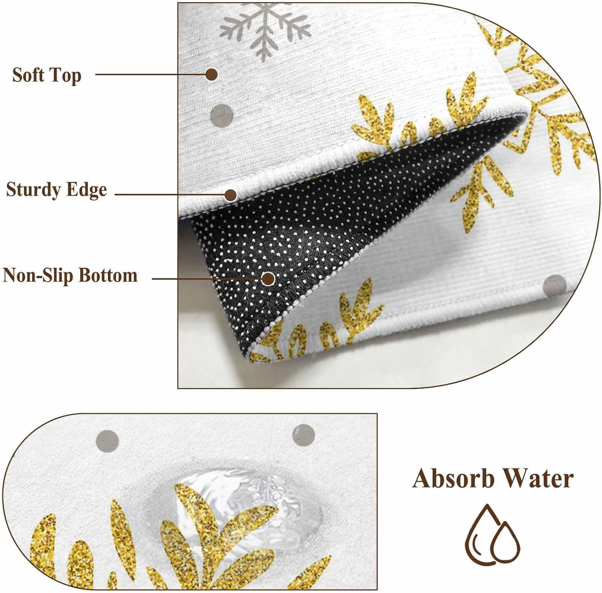 Christmas Area Rugs 2x6 for Kitchen Runner Rug, Winter Xmas Yellow Snowflakes Textured Non Slip Washable Rug Runner, Low Pile Indoor Floor Carpet Mat Bathroom Rugs for Bedroom, Kids Room