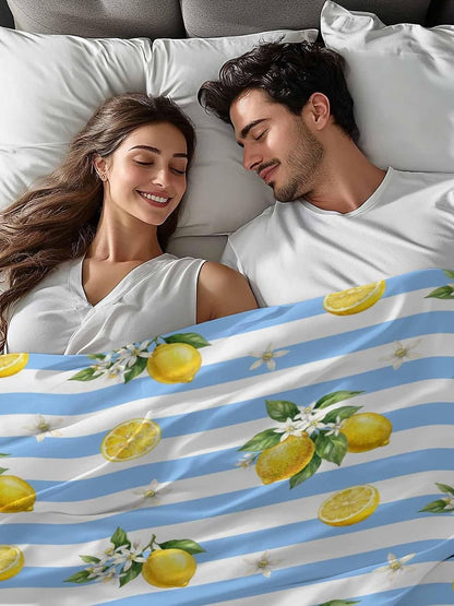 Queen Size Top Sheet Only, Summer Lemon Flower Leaf Flat Sheet Microfiber Breathable Soft Bed Sheets, Yellow Fruit Blue White Stripe Hotel Bedding Flat Sheets for Bedroom