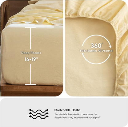 Fitted Sheet Only Washed Cotton Linen-Like Extra Deep Pocket Full