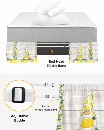 Lemon Gnomes Bed Skirt Queen Size 16 Inch Drop, Adjustable Elastic Wrap Around Bed Skirts Easy Fitting Dust Ruffle Bedskirt Bed Frame Cover Summer Country Yellow Fruit Wooden Plaid