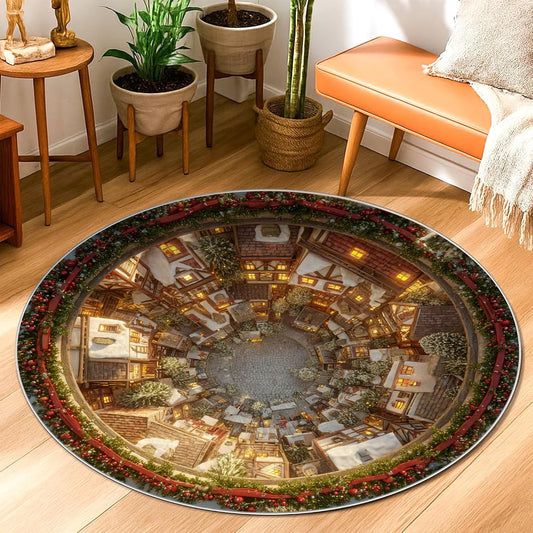 Cottage Area Rug, Winter Festive Snow Trees Christmas Warm Yellow Low Pile Home Floor Doormat Circle Print Accents Rug Bathroom Doorway Entryway Bedside Decor 3' X 3'