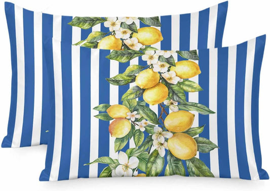 Yellow Lemon Floral Standard Pillowcase Set of 2, Blue Stripe Satin Pillow Case Cover with Smooth Hidden Zipper Closure, Soft Throw Pillow Covers Cases for Home Decoration 20 X 26 Inches