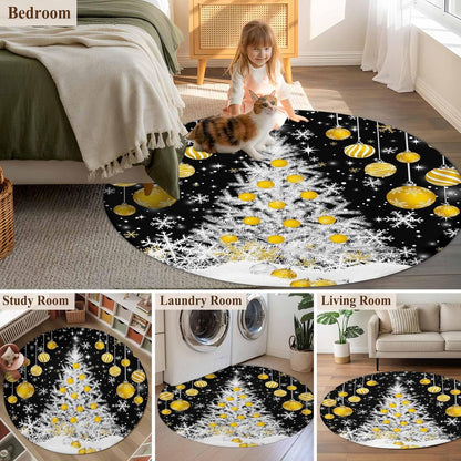 Round Rugs 3.3 Ft, Black Yellow Christmas Non Slip Area Rugs for Kitchen Bedroom Entryway, Xmas Tree Snowflake Winter Washable Carpet Runner Rug Floor Mats for Bedroom Home Decor
