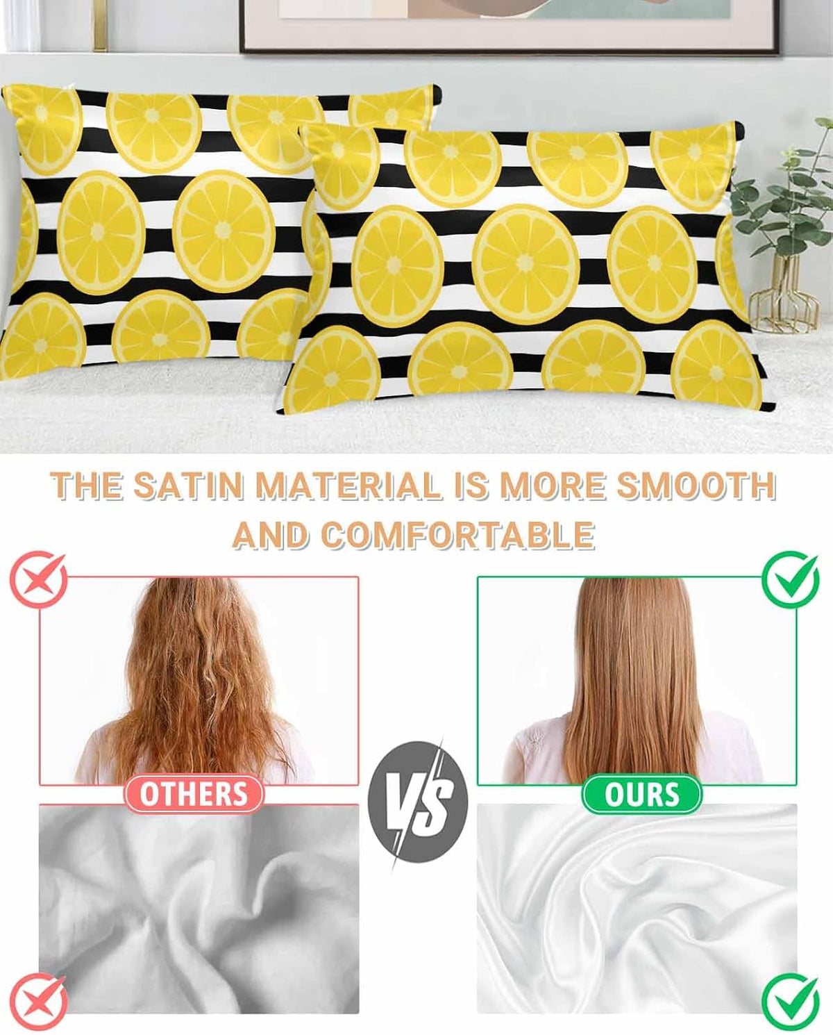 Yellow Lemon Pillow Cases Standard Size Set of 2, Summer Botanical Fruits Black White Stripes Satin Pillowcase with Zipper for Hair/Skin, Decorative Pillow Covers for Bed/Couch/Sofa, 20x26 Inches