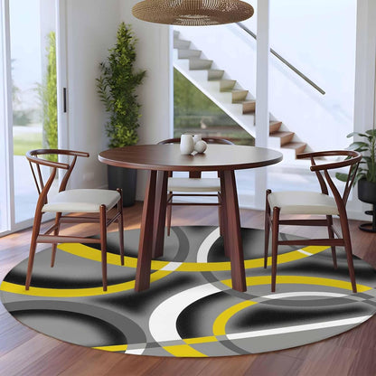Large Area Rugs for Bedroom Living Room, Yellow Geometric Soft Non Slip Carpet Bedside Rug, Gray Black Retro Abstract Stripes Lines Round Floor Cover Kitchen Accent Rug 6' for Dining Room/Office