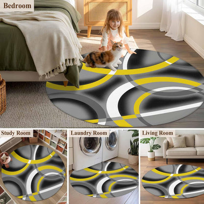 Large Area Rugs for Bedroom Living Room, Yellow Geometric Soft Non Slip Carpet Bedside Rug, Gray Black Retro Abstract Stripes Lines Round Floor Cover Kitchen Accent Rug 6' for Dining Room/Office