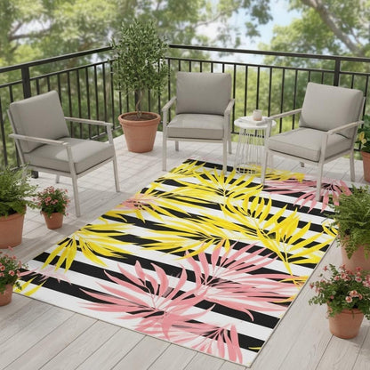 Yellow Pink Leaf Indoor Outdoor Rugs for Camping Patio Balcony Backyard Nursery Black and White Striped Rug 5x8 Garden Pool Front Yard Home Entrance Durable Anti Slip Tropical Area Rug