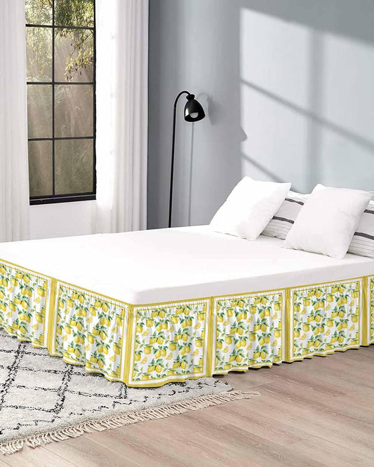 Yellow Lemon Bed Skirt Queen Size 16 Inch Drop, Adjustable Elastic Wrap Around Bed Skirts Easy Fitting Dust Ruffle Bedskirt Bed Frame Cover Summer Watercolor Oil Painting Fruits